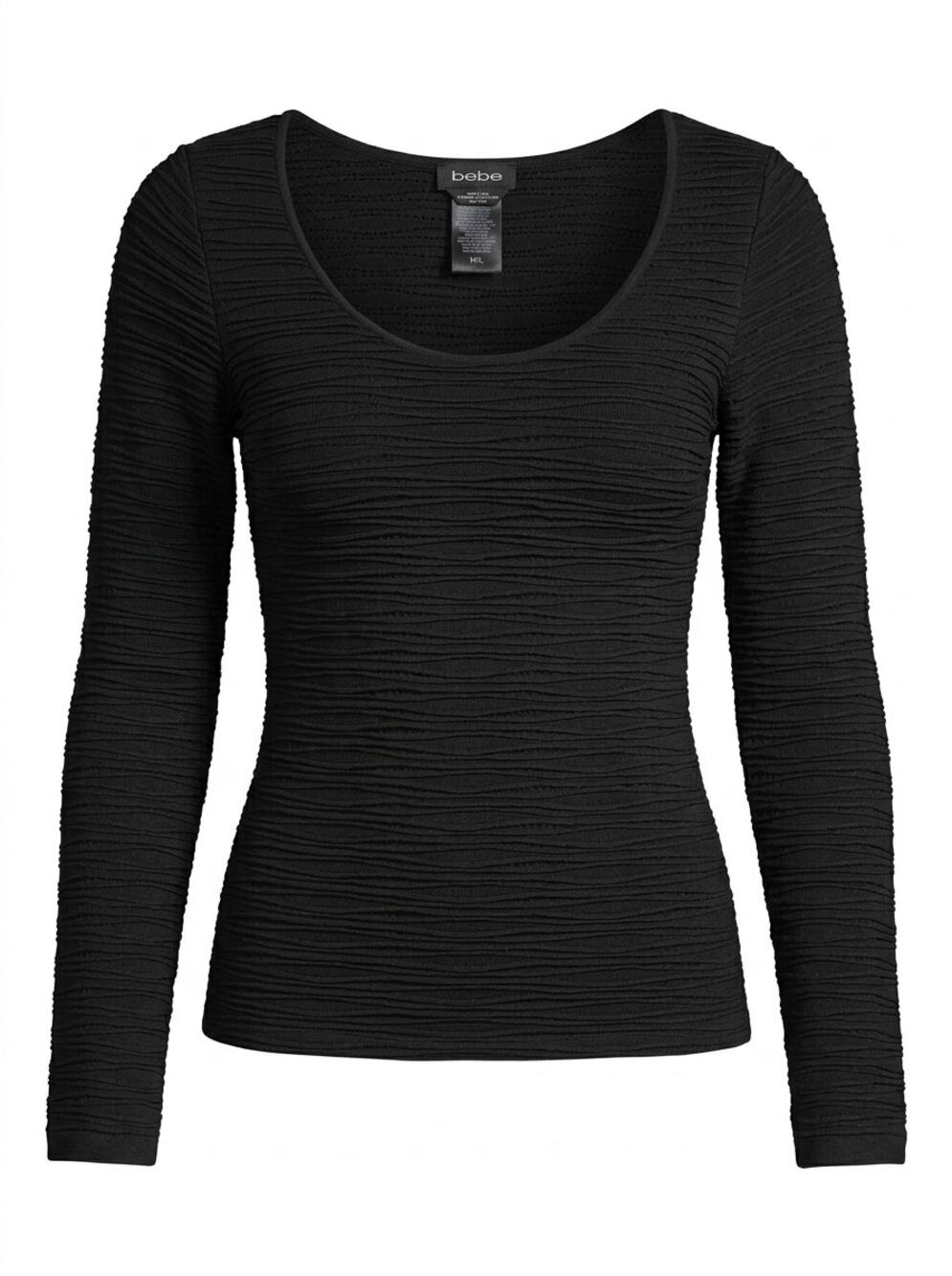 Bebe Black Ribbed Knit Scoop Neck Long Sleeve Stretchy Top Women Size M/L
